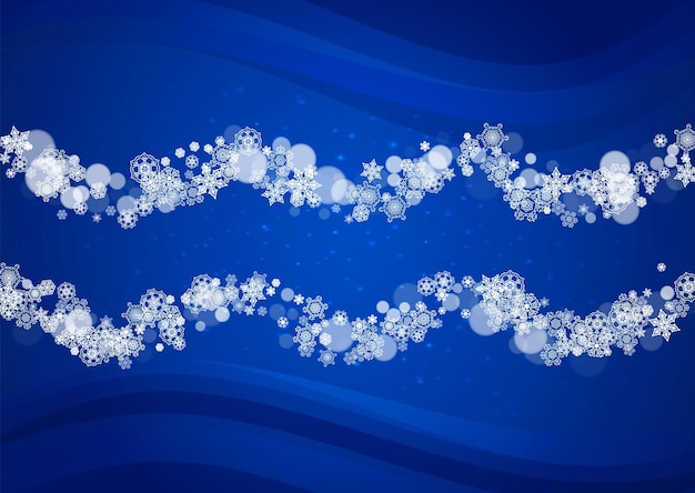 Marco de copos de nieve sobre fondo azul horizontal