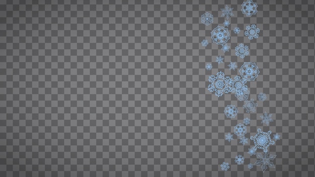 Marco de copos de nieve sobre fondo transparente. Navidad y feliz año nuevo. Marco de copos de nieve horizontales aislados para pancartas, tarjetas de regalo, invitación de fiesta, cumplido de socio y oferta comercial especial