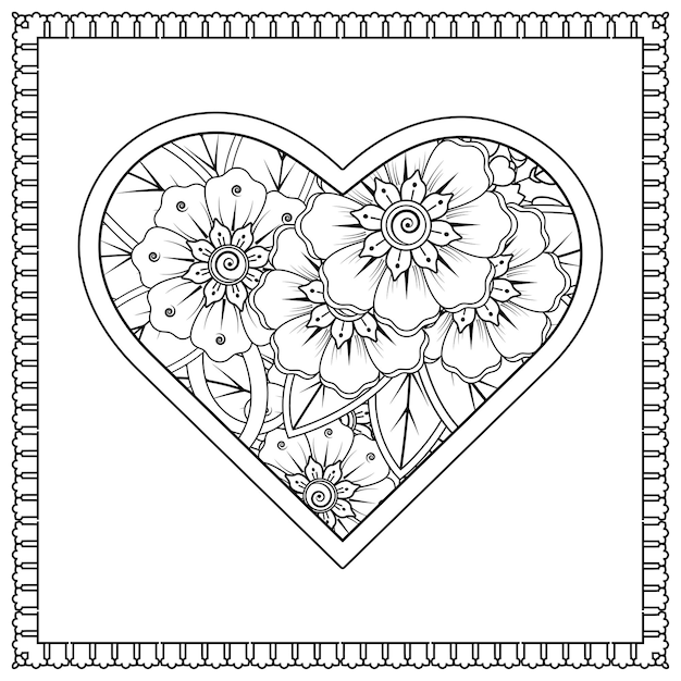 Marco de corazón con flor de mehndi. adorno decorativo en estilo étnico oriental. página para colorear.