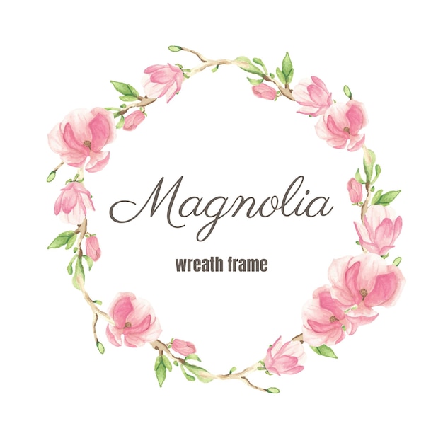 Vector marco de corona de flores y ramas de magnolia floreciente rosa acuarela