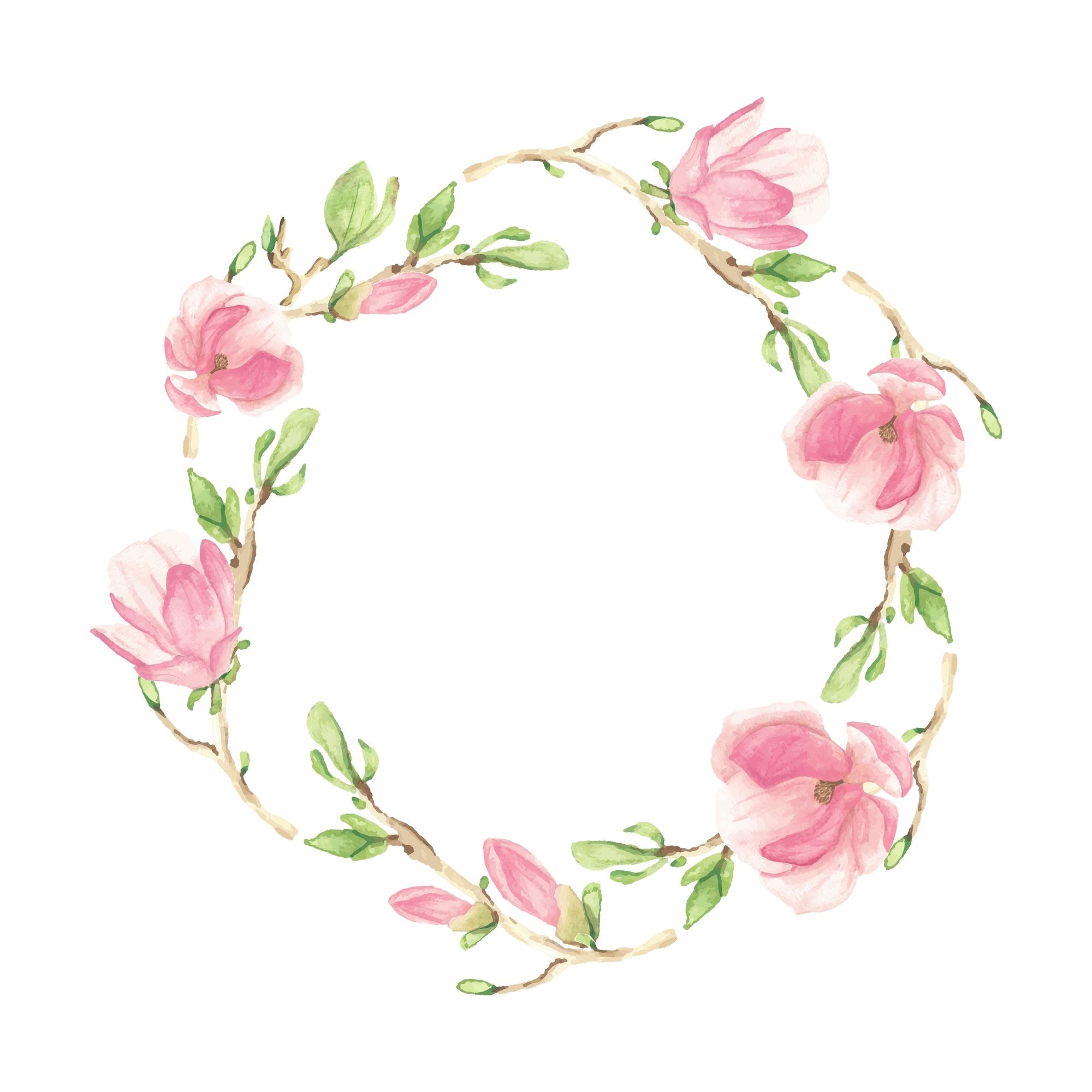 Marco de corona de flores ramas de magnolia floreciente rosa acuarela Vector Premium