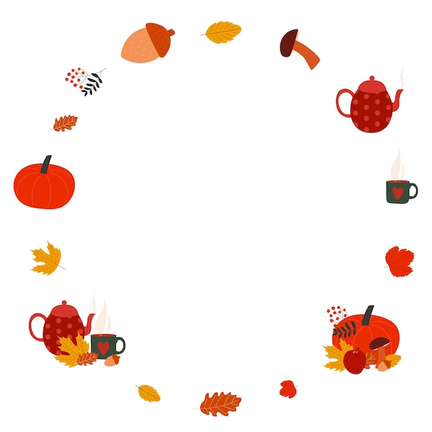 Marco de corona de otoño con champiñones de té caliente, bellota de calabaza y hojas de otoño Vector ilustración plana