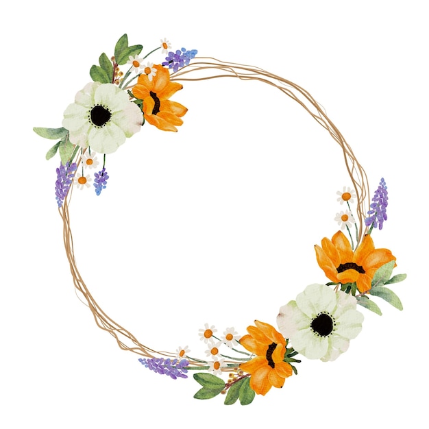 Marco de corona de ramo de flores de anémona blanca y girasol amarillo acuarela