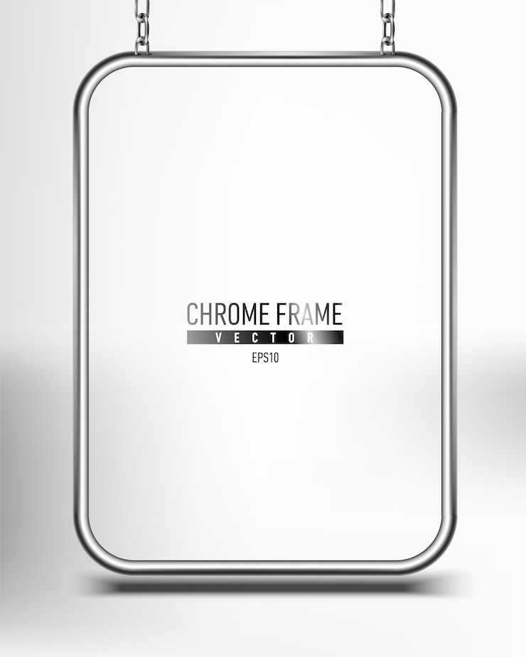 Vector marco cromado plateado para banner. panel publicitario para texto colgado de cadenas