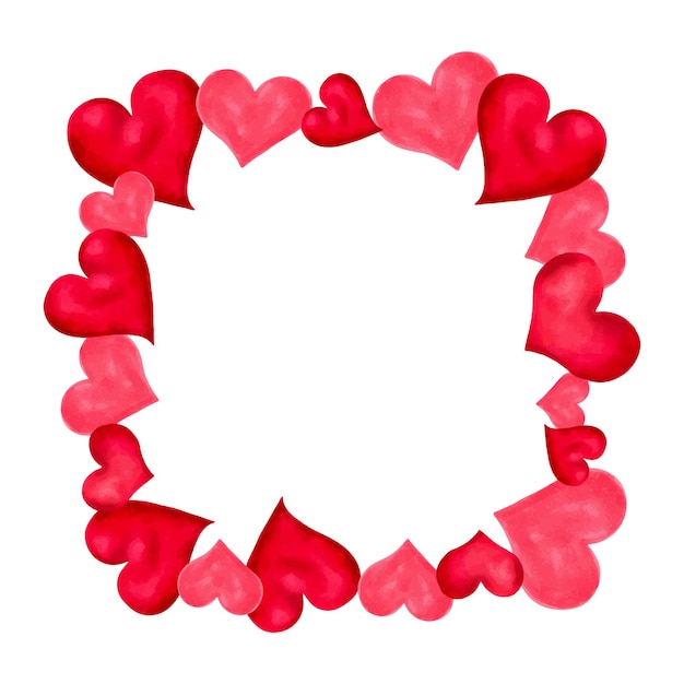 Marco cuadrado de corazones rosados y rojos para el Día de San Valentín Día de la Madre Acuarela e ilustración de marcadores plantilla de corona para el diseño de tarjetas invitaciones Arte aislado dibujado a mano