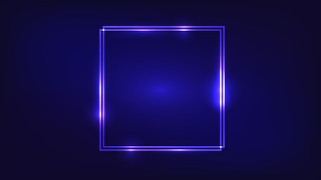 Marco cuadrado doble de neón con efectos brillantes sobre fondo oscuro Telón de fondo tecno brillante vacío
