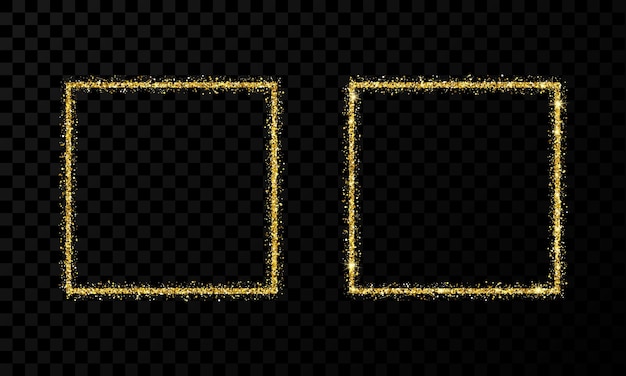 Marco cuadrado dorado Dos marcos brillantes modernos con efectos de luz aislados sobre fondo transparente oscuro Ilustración vectorial