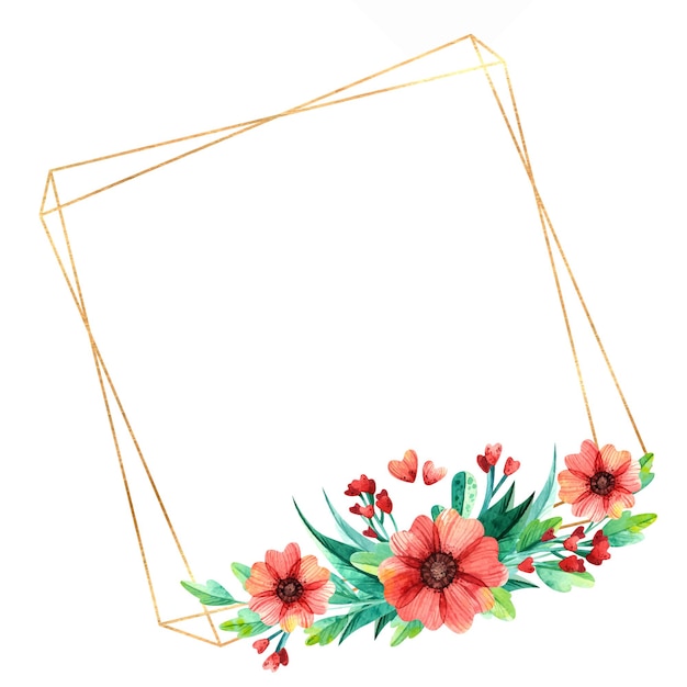 Marco cuadrado dorado vacío con flores de primavera acuarela