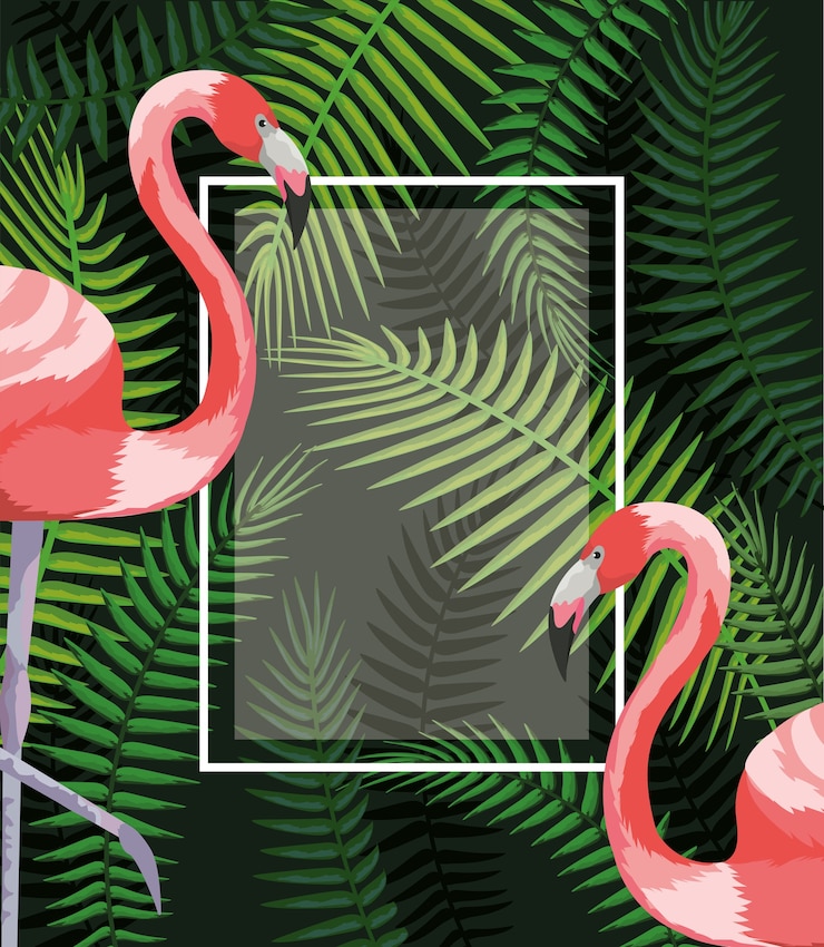 Vector marco cuadrado con flamencos y hojas de ramas.