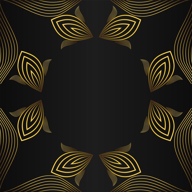 Marco cuadrado con hermosa decoración floral dorada sobre diseño de fondo negro.