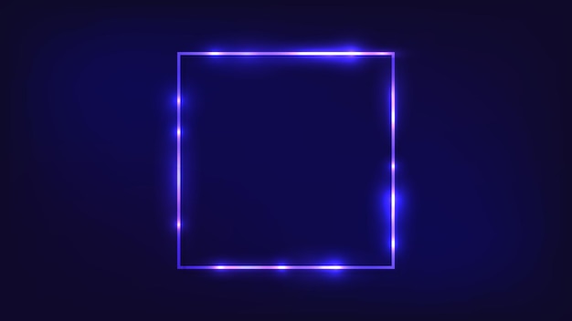 Marco cuadrado de neón con efectos brillantes sobre fondo oscuro. Telón de fondo tecno brillante vacío. ilustración vectorial