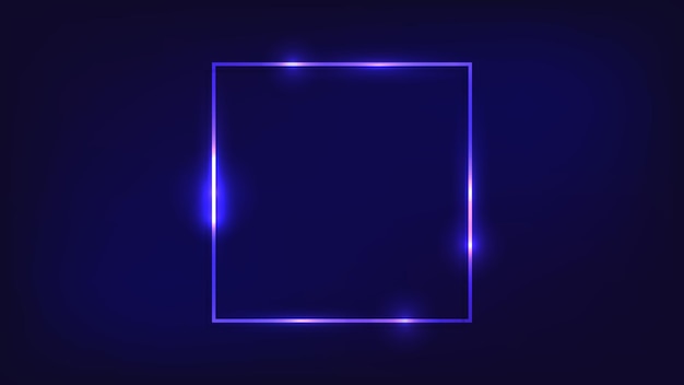 Marco cuadrado de neón con efectos brillantes sobre fondo oscuro Telón de fondo tecno brillante vacío
