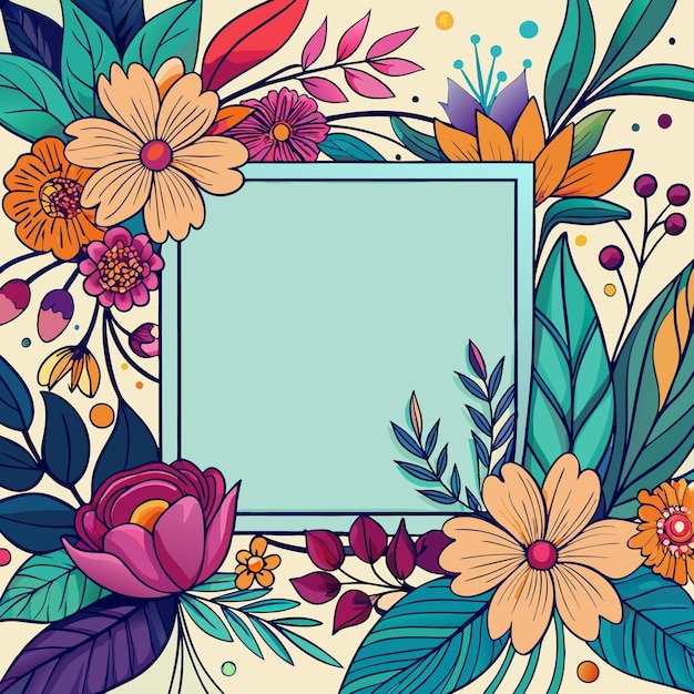 Un marco cuadrado con relleno azul pastel y un contorno negro está rodeado de flores y hojas de colores