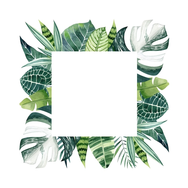 Marco cuadrado de vector de acuarela de hojas tropicales con espacio de copia Borde exterior para invitaciones de boda