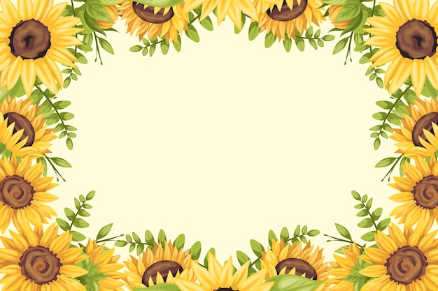 Vector marco decorado con girasoles y varias plantas.