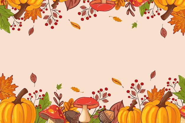 Marco decorativo de banderas con decoraciones de otoño setas de calabazas hojas y bayas de otoño