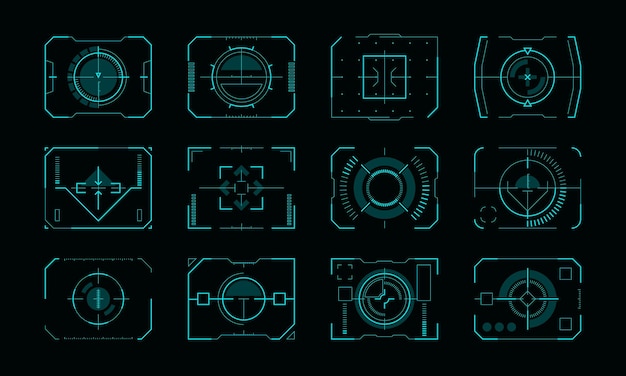 Vector marco de destino hud ui punteros de puntería futuristas con bordes de panel de control pantalla de ciencia ficción con retícula de puntería para interfaz de tecnología conjunto de vectores