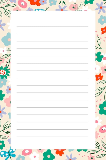 Marco de diario vectorial floral Páginas vectoriales para hojas de cuadernos para decoración de oficina en diseño floral