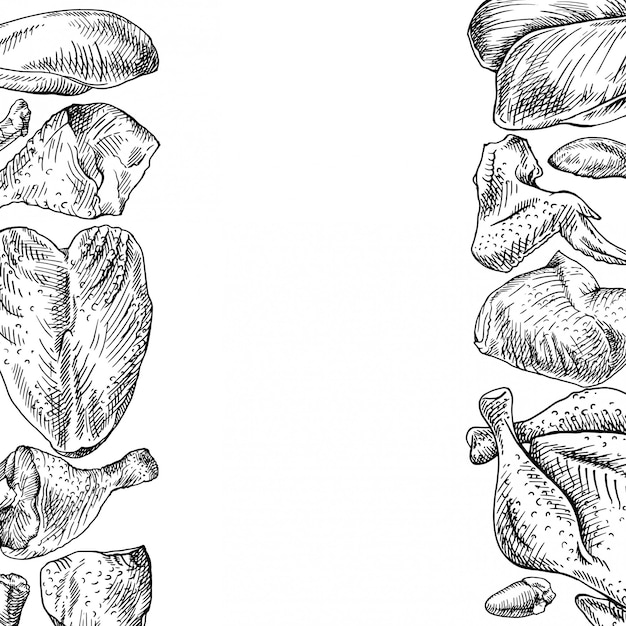 Marco dibujado a mano de cortes de pollo, piezas de gallina. conjunto de carne de ave doméstica. estilo de dibujo grabado.