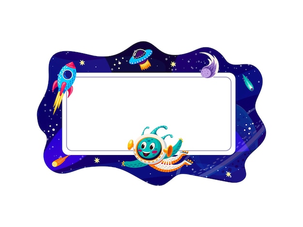 Marco de dibujos animados con paisaje espacial de la galaxia y personajes alienígenas divertidos cohetes OVNI y cometas Vector marco espacial estrellado frontera con planetas alienígenas galaxia lindas estrellas marcianas y asteroides de fuego