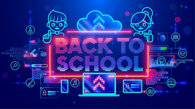 Vector marco de dibujos animados tecnológicos con título de vuelta a la escuela banner con niño niña portátil niños garabatear dispositivos electrónicos e íconos de materias escolares cartas de neón de vuelta á la escuela n estilo tecnológico vintage