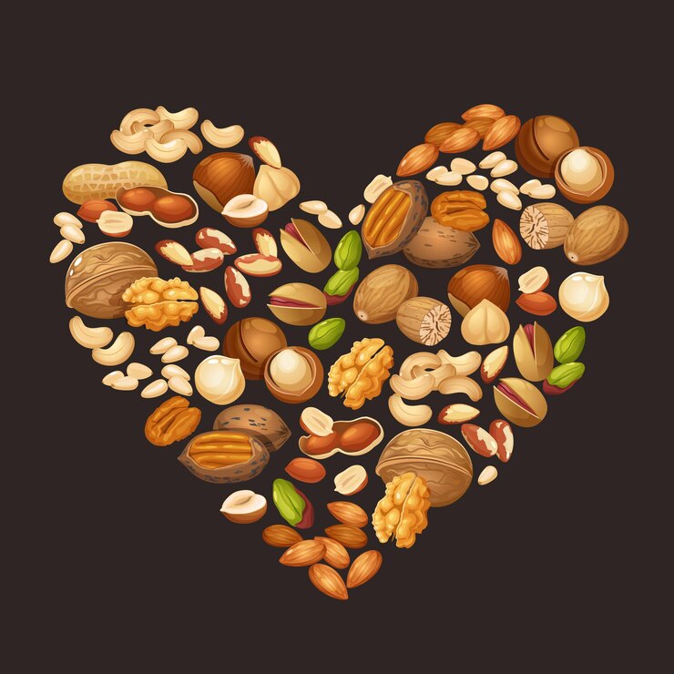 Vector marco de dibujos animados vectoriales en forma de corazón de diferentes tipos de nueces como las nueces de caju, macadamia, etc.