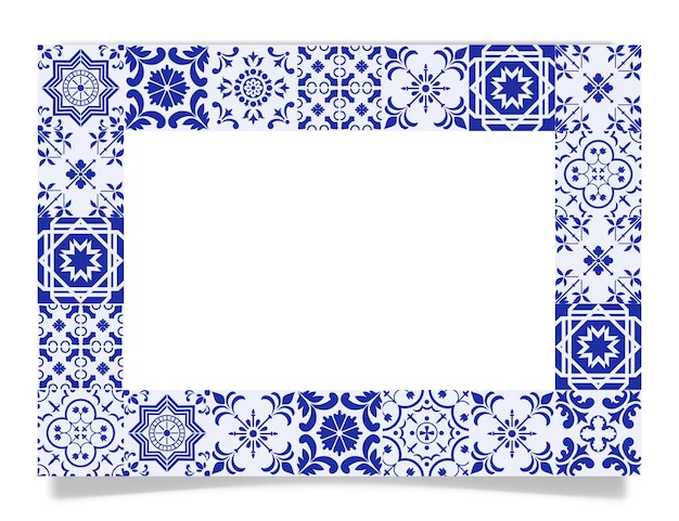 Marco de diseño de marco de azulejos azules y blancos con azulejos y ramas de limón con hojas verdes Vector
