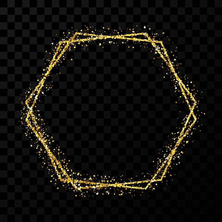 Vector marco de doble hexágono dorado. marco brillante moderno con efectos de luz aislado sobre fondo transparente oscuro. ilustración vectorial.