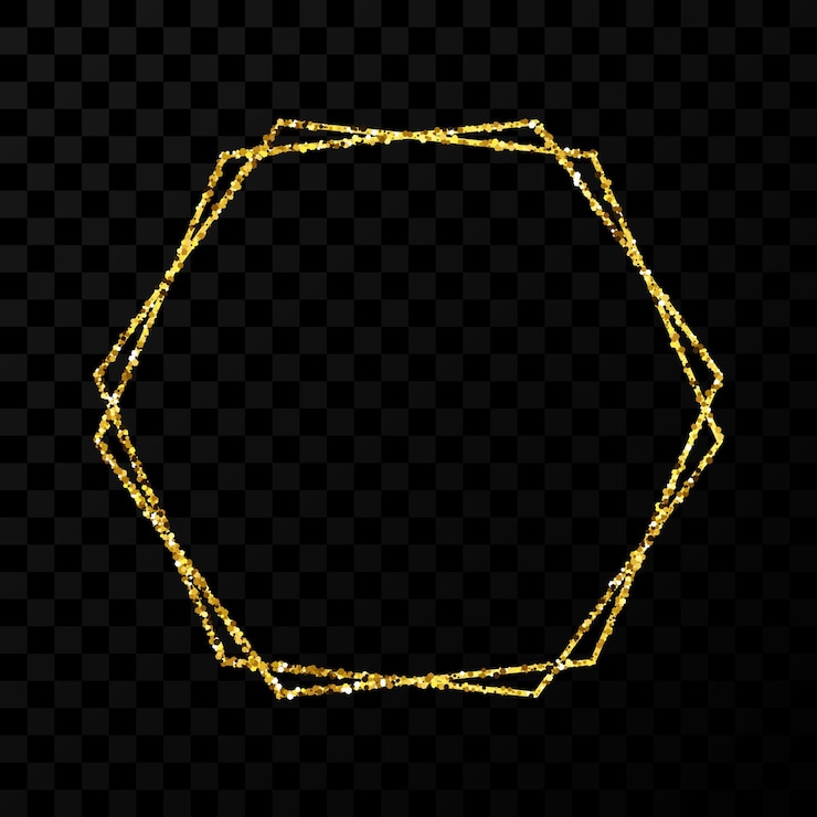 Vector marco de doble hexágono dorado. marco brillante moderno con efectos de luz aislado sobre fondo transparente oscuro. ilustración vectorial.
