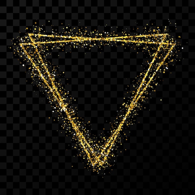 Marco de doble triángulo dorado. Marco brillante moderno con efectos de luz aislado sobre fondo transparente oscuro. Ilustración vectorial.