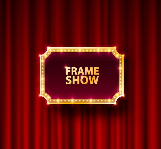 Vector marco dorado con bombillas en el fondo de la escena. ilustración vectorial