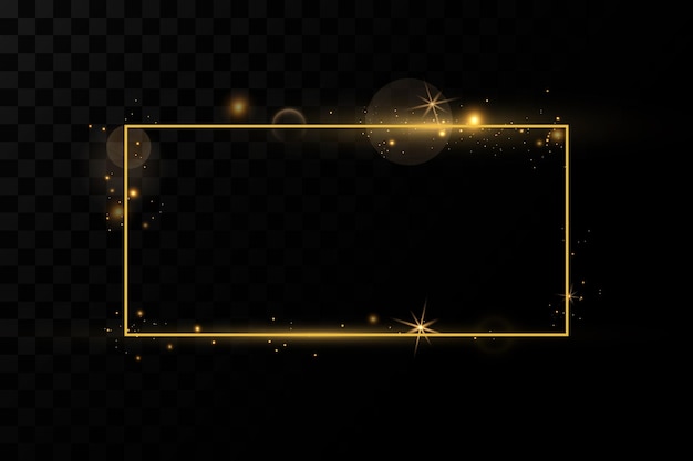 Marco dorado con efectos de luces Banner rectangular brillante Aislado en negro transparente
