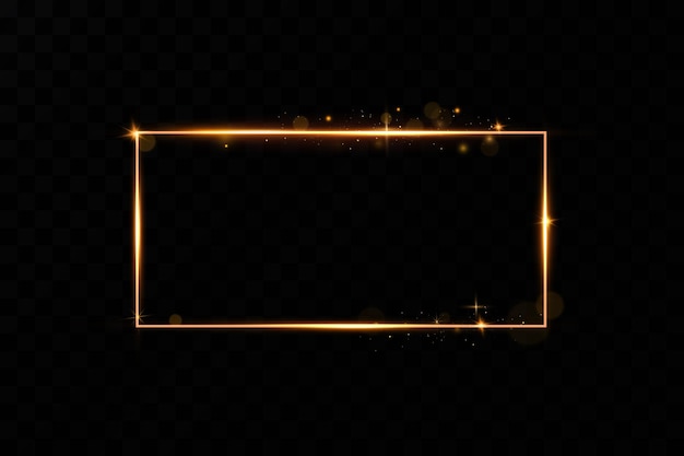 Marco dorado con efectos de luces. Banner de rectángulo brillante. Aislado en fondo transparente negro
