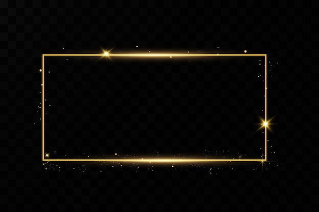 Marco dorado con efectos de luces. Banner de rectángulo brillante. Aislado en fondo transparente negro