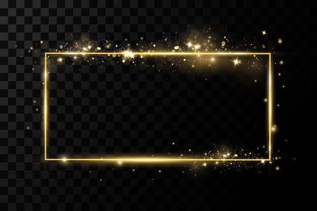 Marco dorado con efectos de luces sobre fondo negro transparente