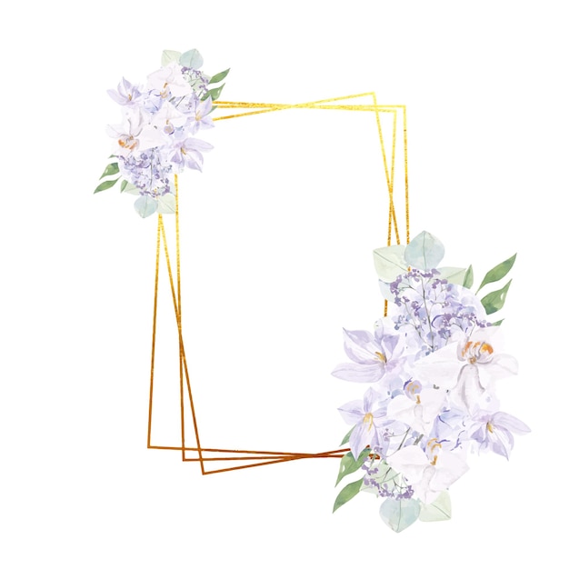 Marco dorado con flores violetas, invitación de boda bohemia de colores muy peri, flores de jardín púrpura