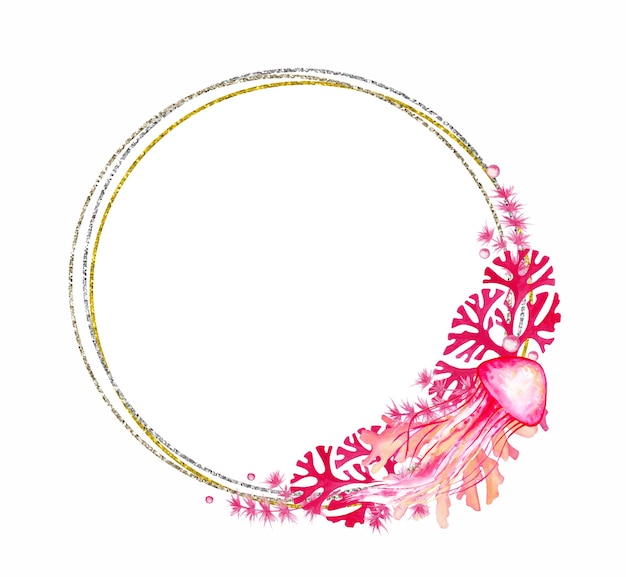 Marco dorado y plateado decorado con medusas y coral, en colores rosa. Ilustración acuarela