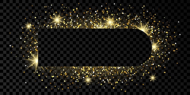 Marco dorado con purpurina, destellos y destellos sobre fondo transparente oscuro. telón de fondo de lujo vacío. ilustración vectorial.