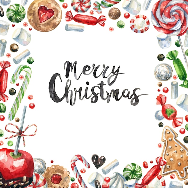 Marco con dulces tradicionales de Navidad y texto Feliz Navidad. Caramelos, piruletas, galletas