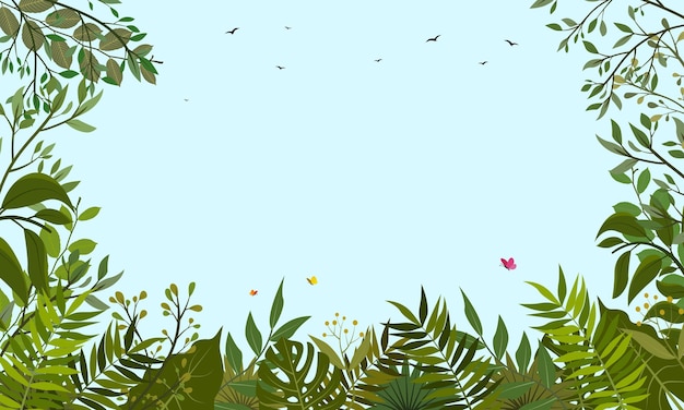 Vector marco de escena de bosque de fondo de follaje verde tropical