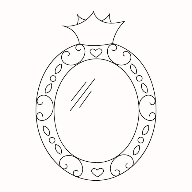 Marco de espejo de princesa con ilustración de vector de línea de corona o tiara aislado sobre fondo blanco Marco de niña de cuento de hadas y borde decorativo mágico para corte láser