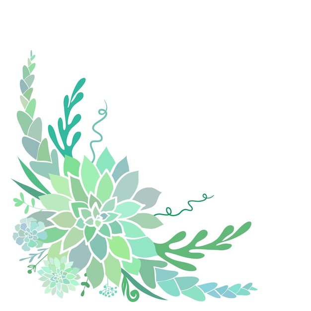 Vector marco de esquina floral con suculentas y helechos aislados en blanco. ilustración vectorial.