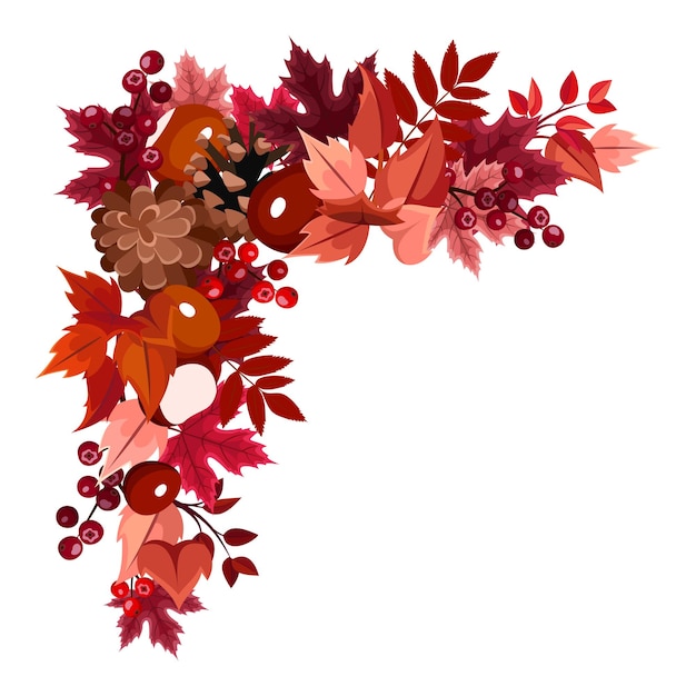 Marco de esquina con hojas de otoño bayas conos y castañas