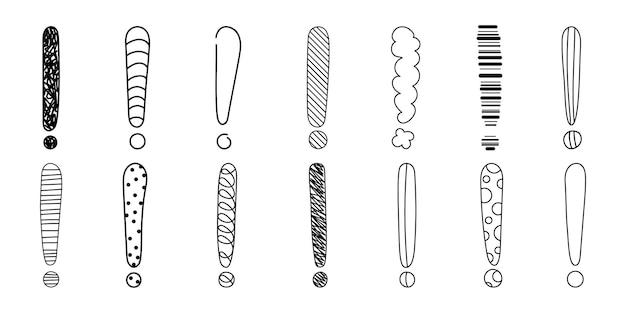 Marco de exclamación de Doodle conjunto de ilustraciones vectoriales dibujadas a mano aisladas en fondo blanco