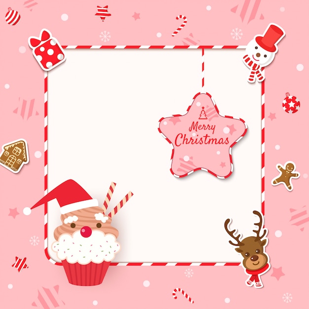 Marco de feliz Navidad con cupcake y galletas a adornos sobre fondo rosa.