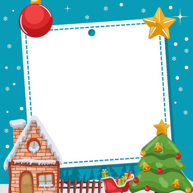 Marco de feliz navidad para la foto con el trineo de la casa de santa claus y el árbol de navidad con nieve en el fondo