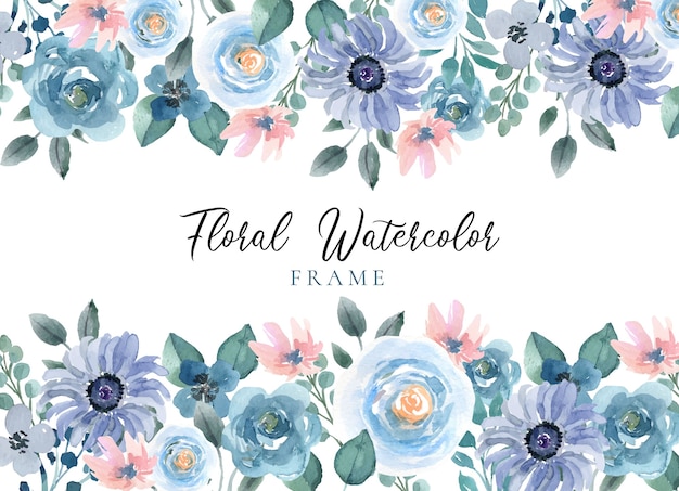 Marco floral acuarela con azul cielo y rosa rosa