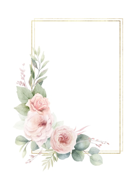 Marco floral de acuarela con forma geométrica dorada Flores de rosas rosadas polvorientas