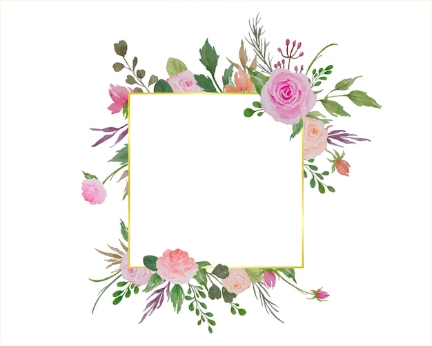 Marco floral de acuarela, ilustración de borde de flores con rosas y hojas verdes