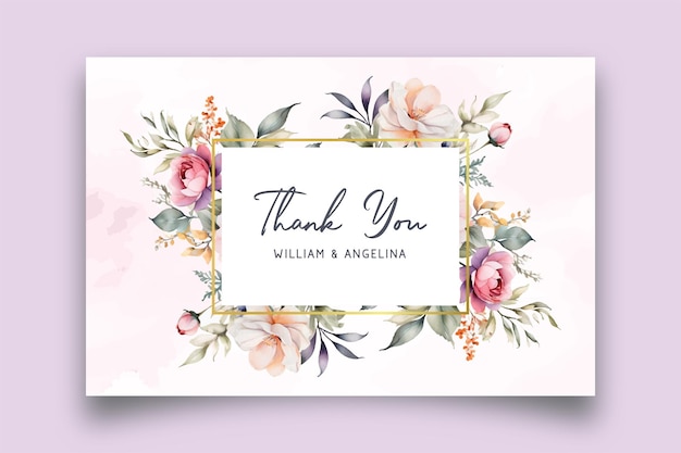 Vector marco floral de acuarela vectorial tarjeta de agradecimiento con fondo de flores coloridas azules negras y rosas